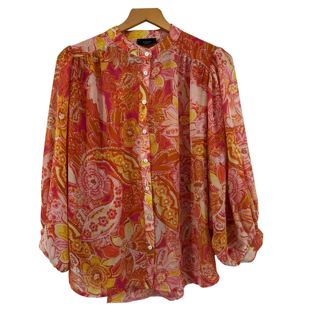 VICI Paisley Floral Button Down Blouse Pink Orange Balloon Sleeve  Small Boho
